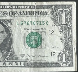 (NEAR SUPER REPEATER!) $1 Repeating Fancy Serial Number L67676715C Series 2017A - Picture 1 of 3