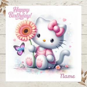 Personalised HELLO KITTY With Gerbera Flowers & Butterfly Birthday Card ANY NAME - Picture 1 of 1