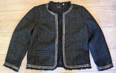 NEW CHICO'S SZ 1 BLACK EMBELLISHED TWEED FRINGE LUREX BLAZER JACKET SZ M - Image 1 of 4