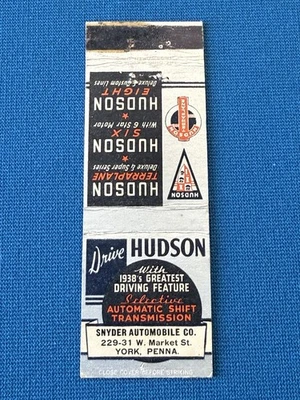 Hudson Auto Car Dealer York Pennsylvania VTG Matchbook Cover Lt#1883 - Image 1 of 2