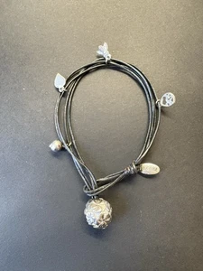 Pilgrim Denmark Black Leather Multi strand Silver tone Charm Bracelet - Picture 1 of 10