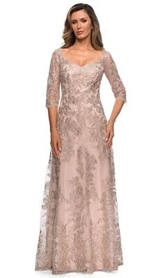 La Femme - 28053 Lace V Neck A-line Dress Sz 14. Champagne Ball Gown $598 - Image 1 of 4