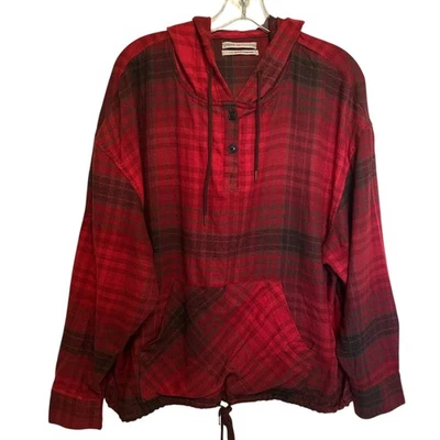 Urban Outfitters Flannel Hoodie Womens XL Red Plaid Boho Athleisure Pullover  - Image 1 of 4