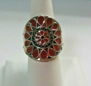 Silver-Tone Reddish/Brown Enamel & Black Stone Flower Stretch Ring - Picture 1 of 3