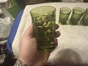 Vintage Indiana Colony Whitehall Juice Glasses Green Cubist Footed 4” Set of 4 - Picture 1 of 4
