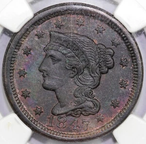 1847 1c N-38 Braided Hair Large Cent NGC UNC Details ENV. Damage - Picture 1 of 5