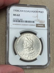 El Salvador - 1908 Large Silver Peso (NGC MS 62) - Popular & Nice - Picture 1 of 4