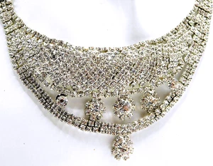 VTG MESH RHINESTONE NECKLACE HANGING FLOWERS EXTENSION SILVERTONE GLITZ! - Picture 1 of 4