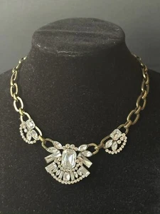 Vintage Chunky Clear Crystal Rhinestones Brass Tone Statement Necklace - Picture 1 of 9