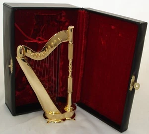 Harp replica handmade collectible gold plated miniature 7" w/case (NOT PLAYABLE) - Picture 1 of 8