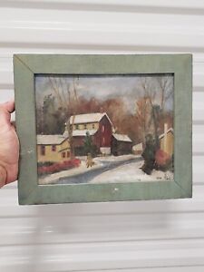 Antique American Winter Snow Landscape Oil Painting Houses Barn Folk Art Signed 