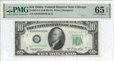 1950A $10 CHICAGO FRN. PMG GEM Uncirculated 65 EPQ Banknote. - Image 1 of 2