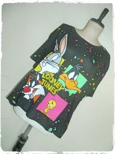 Looney Tunes Black Bugs Bunny Daffy Duck Sylvester Tweety Spatter Cropped Tee 2X - Picture 1 of 7