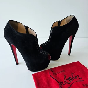 Christian Louboutin Recouzetta 160 Peep Black Suede Ankle Boots 36.5 Daf Bianca - Picture 1 of 13
