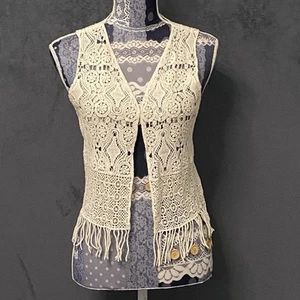 BCBGeneration Women M Fairycore Bohemian Hippie Cotton Crochet Cream Fringe Vest - Picture 1 of 6