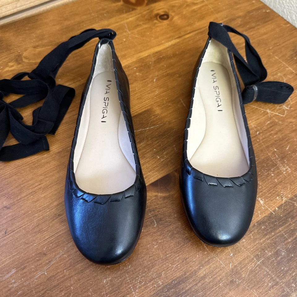 NEW Via Spiga women's 6.5 Black leather ballet flat Ribbon Tie Whip Stitching - Image 1 of 4