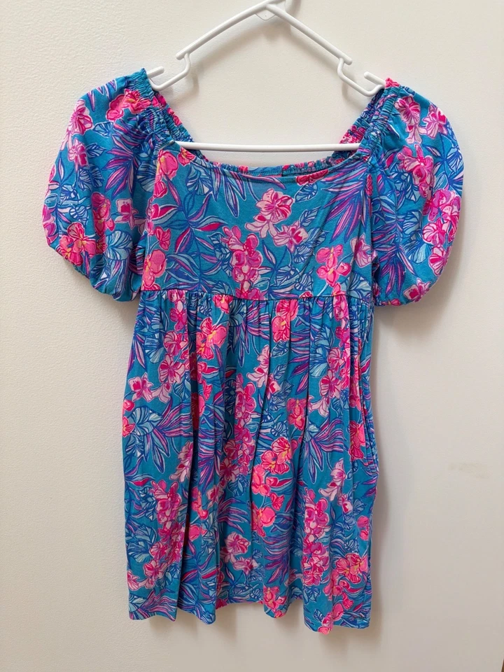 Vestido Lilly Pulitzer Niñas Talla 8-10 Grande Floral Calado 00% Algodón Azul y Rosa Foto 1 de 4