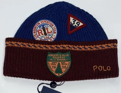Polo Ralph Lauren Hombres Firma Forestal Acanalado Puño Gorro Azul Marrón Nuevo Con Etiquetas Foto 1 de 3