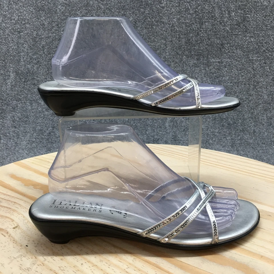 Italian Shoemakers Sandals Womens 9 Slide Silver Faux Leather Sequin Embellished - Image 1 of 4