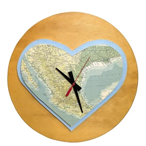 One Sunday Morning Mexico Map Wooden Wall Clock Australian Handmade Round Heart - Picture 1 of 7