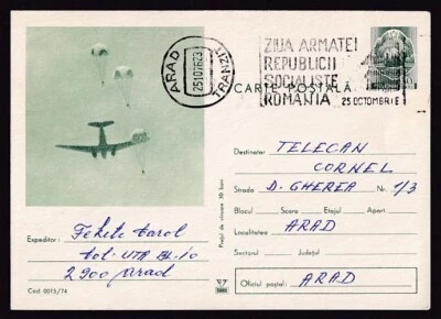 RUMANIA 30b ARMAS VERDES DE LA REPÚBLICA TARJETA POSTAL PARACAIDISTAS CACHÉ 1976 Foto 1 de 2