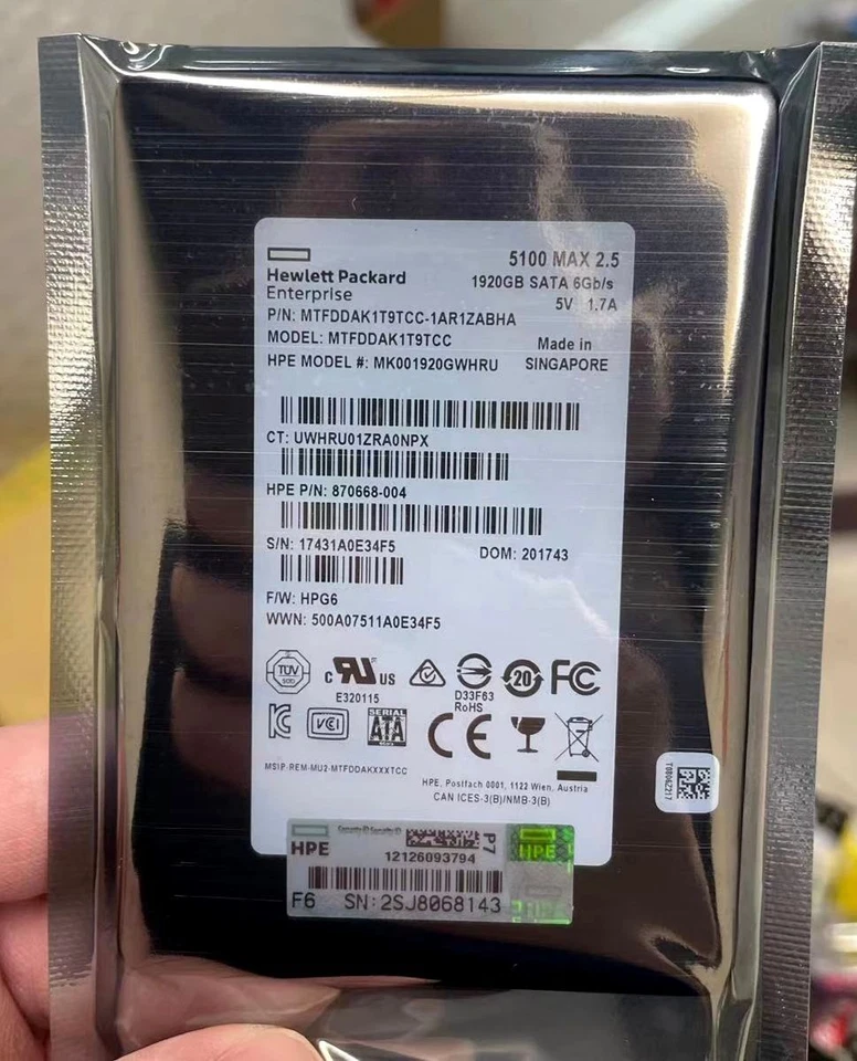 HPE Micron 5100 MA.92TB MTFDDAK19TCC-1AR1ZABHA 870668-004 6Gbps 2.5" SATA SSD