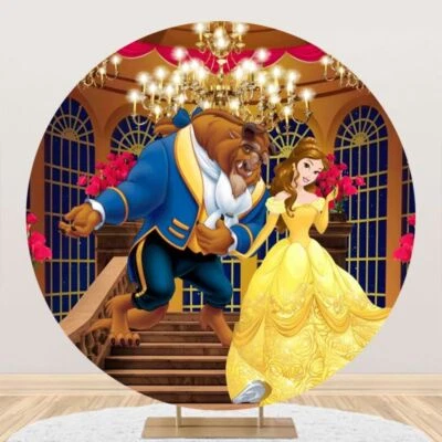 Foto de cumpleaños redonda de La Bella y la Bestia telón de fondo fiesta fondo estudio decoración Foto 1 de 4