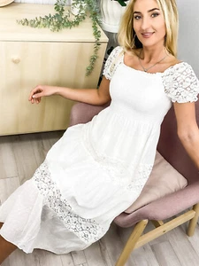 Women Summer Casual Off Shoulder Boho Lace Semi Sheer Smocked Maxi Long Dress - Picture 1 of 33