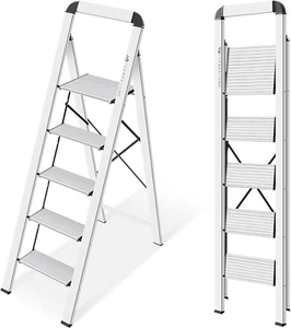 5 Step Ladder with Handrail, Aluminium Folding Step Stool Portable, Non-Slip Hou - Picture 1 of 12