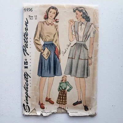 1940s Vintage Simplicity 4496 Sewing Pattern Jumper Apron Midi Skirt Blouse - Image 1 of 2