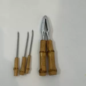 Vtg 1950s Carl Aubock Stainless Steel Bamboo Wood Handheld Nutcracker Barware - Picture 1 of 7