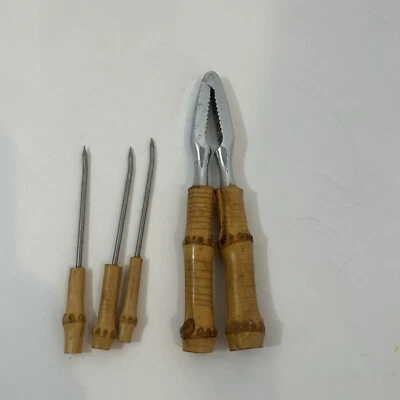 Vtg 1950s Carl Aubock Stainless Steel Bamboo Wood Handheld Nutcracker Barware - Image 1 of 4