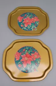 Mini Christmas Tray Poinsettia Tin Metal Snack Cookie Plate Gold Red Vintage 90s - Picture 1 of 6
