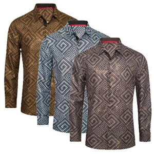 Mens Shirt Italian Stripe Floral Prints Gold Overlay Stretch Slim Fit Button Up - Picture 1 of 5