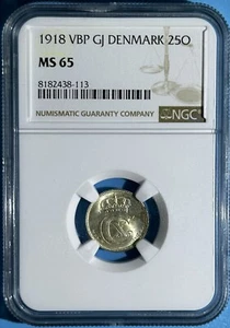 Denmark 1918 25 Ore Silver Coin High Grade ChBU NGC MS65 Last Year Issue # 815.1 - Picture 1 of 2