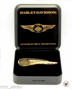 HARLEY DAVIDSON 110TH ANNIVERSARY TANK BADGE PIN IN COLLECTORS TIN BAR SHIELD - Picture 1 of 4