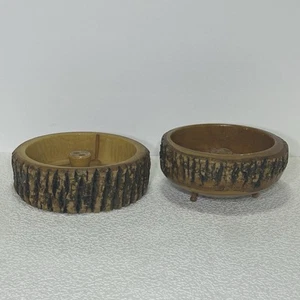 2 Vintage Solid Wood Tree Bark Nut Bowls Handcrafted MCM Rustic Pecans Walnuts - Picture 1 of 19
