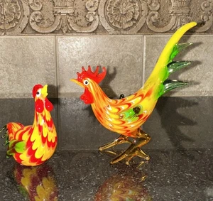 Lenox Art Glass Rooster And Hen Figurine Set Barnyard Brilliance Miniature Small - Picture 1 of 5