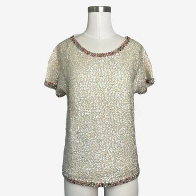 Top manga corta vintage años 60 Valentina Ltd. lentejuelas cuentas 100% lana talla M Foto 1 de 4