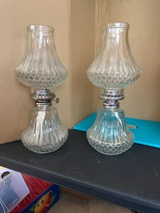 2 Vtg Lamplight Farms Glass Diamond Point Hurricane Oil Lamp 13.75” H Glass - Picture 1 of 2