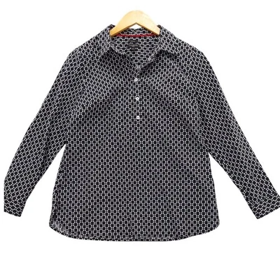 Talbots Petite Non Iron Shirt Black White Geometric Print Long Sleeve 10P - Image 1 of 4
