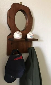 Wooden Mirrored Wall Sconce Only w/Brass Hooks for Baseball Bat Cap Coat Jacket - Picture 1 of 10