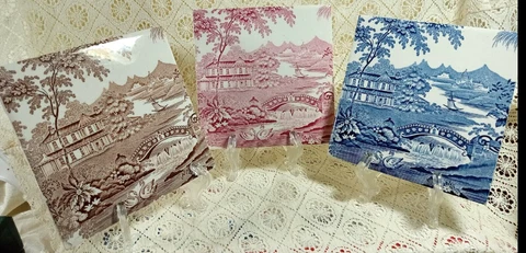 SET 3 Conquin Royal Crownford Ironstone England PINK, BLUE, BROWN Tiles ~ 6 x 6 Cover