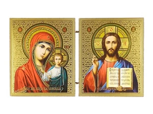 Russland  ikone religiöses Triptychon 2 Bilde ca. 21x12cm  Polychrom mit Gold - Bild 1 von 3