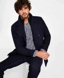Kenneth Cole Men's Navy Double Breasted Wool Blend Peacoat With Bib Coat Large - Picture 1 of 4