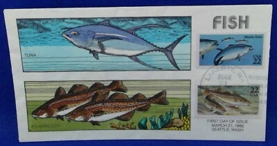 Scott 2206 2208 FDC Atlantic Cod Bluefin Tuna Fish Series Collins Painted Cachet - Image 1 of 2