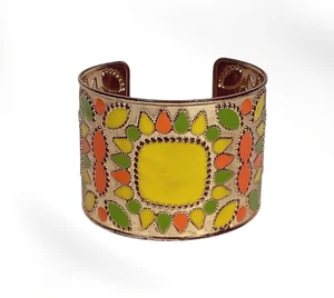 Vintage Enameled Gold Tone Cuff Bracelet Textured Colorful Geometric Jewelry - Picture 1 of 12