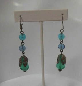 Pendientes de gancho colgantes vintage de bola de vidrio azul verdoso - Imagen 1 de 1