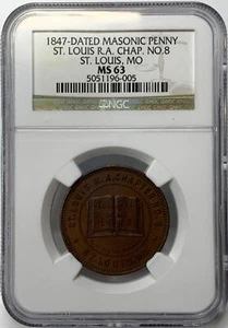 ST. LOUIS MISSOURI FREIMAURER PENNY TOKEN - ST. LOUIS R.A. KAPITEL NR. 8 NGC MS63 - Bild 1 von 3