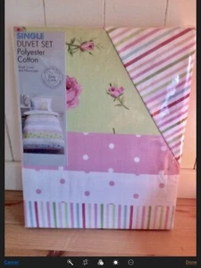 SINGLE DUVET SET ASHLEY STYLE LITTLE GIRLS PONK BLUE GREEN ROSES FLORAL STRIPE - Picture 1 of 10
